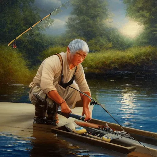 Prompt: portrait of minoru suzuki fishing, an oil painting by ross tran and thomas kincade