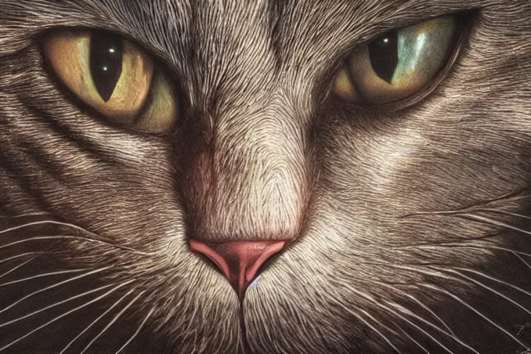 Prompt: An cat made of muscles and flesh, alex grey, ambient light, terror, glows, realistic, photo-realism, hyper realism, picture, detailed, 3D render, scary, distant shot, in the distance,