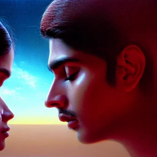 Prompt: perfectly - centered movie promotional poster portrait - photograph of a young indian guy and a beautiful girl side profile faces symmetrical ; real life portrait by beksinski and jean delville, romantic theme of two lovers sharing one heart, unreal engine 5, photorealism, hd quality, 8 k resolution, cinema 4 d, hdr dramatic cinematic lighting