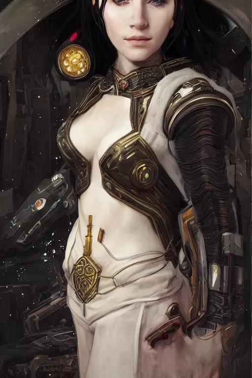 Prompt: portrait of beautiful young elf maiden with white hairs, cyberpunk, Warhammer, highly detailed, artstation, illustration, art by Gustav Klimt