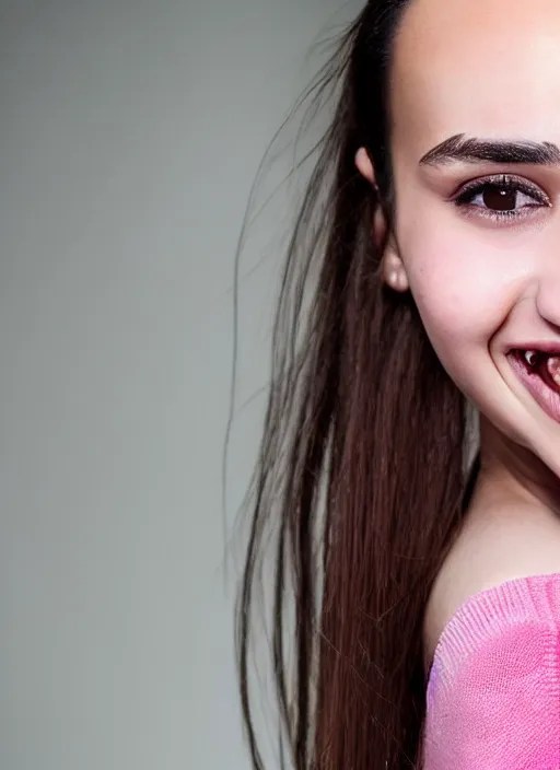 Prompt: A close-up photo of a beautiful Turkish 22 year old girl with hazel eyes, wide forehead and pink cheeks. Her hair is straight and tied into a ponytail. She is looking at the camera with a slight smile. Braces, beauty, Detailed face features, hyper realism, studio, bokeh, shallow depth of field, uplifting background, photography from Vogue magazine, by WLOP, Sigma 500mm f/5