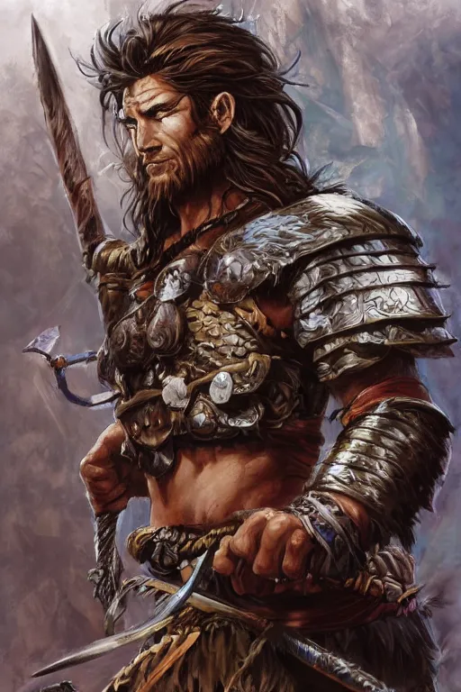 Prompt: A semi realistic portrait of a young handsome male barbarian with long wild hair, intricate fantasy spear, plated armor, vivid colors, colored, D&D, dungeons and dragons, tabletop role playing game, rpg, jrpg, digital painting, by Frank Frazetta and Yusuke Murata, concept art, highly detailed, promotional art, HD, digtial painting, trending on ArtStation, golden ratio, rule of thirds, SFW version