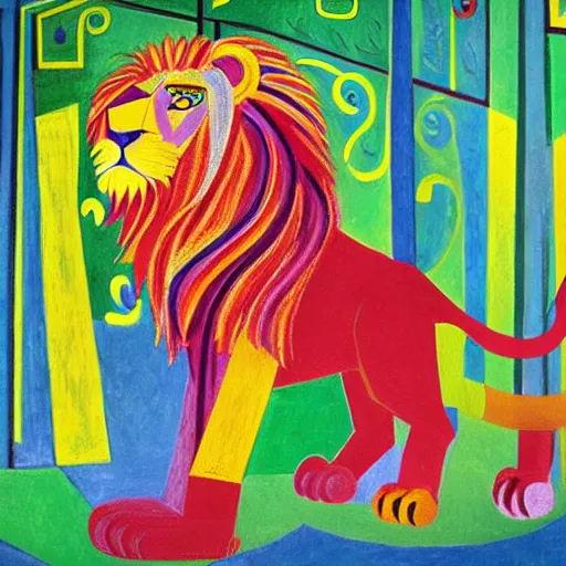 Prompt: lion in the magical forest, lion made from happybirthsday ribbons and party confetti , concept art, huge scale, high detail, sci fi by Pablo Picasso