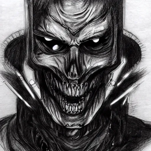 Image similar to a scary horror themed cyborg, drawn with charcoal and pen and ink, half-tone-line-stacking