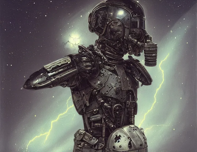 Image similar to a detailed portrait painting of a lone bounty hunter wearing combat armour and a reflective visor. Head and chest only. Dieselpunk elements. Movie scene, cinematic sci-fi scene. Flight suit, cloth and metal, accurate anatomy. portrait symmetrical and science fiction theme with lightning, aurora lighting. clouds and stars. Atmospheric. Futurism by moebius beksinski carl spitzweg moebius and tuomas korpi. baroque elements. baroque element. intricate artwork by caravaggio. Oil painting. Trending on artstation. 8k