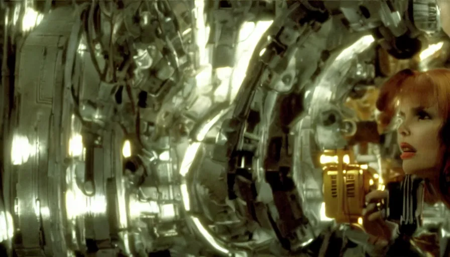 Prompt: perpetual motion machine intense moment, cinematic stillframe, dramatic lighting, The fifth element, vintage robotics, starring Geena Davis