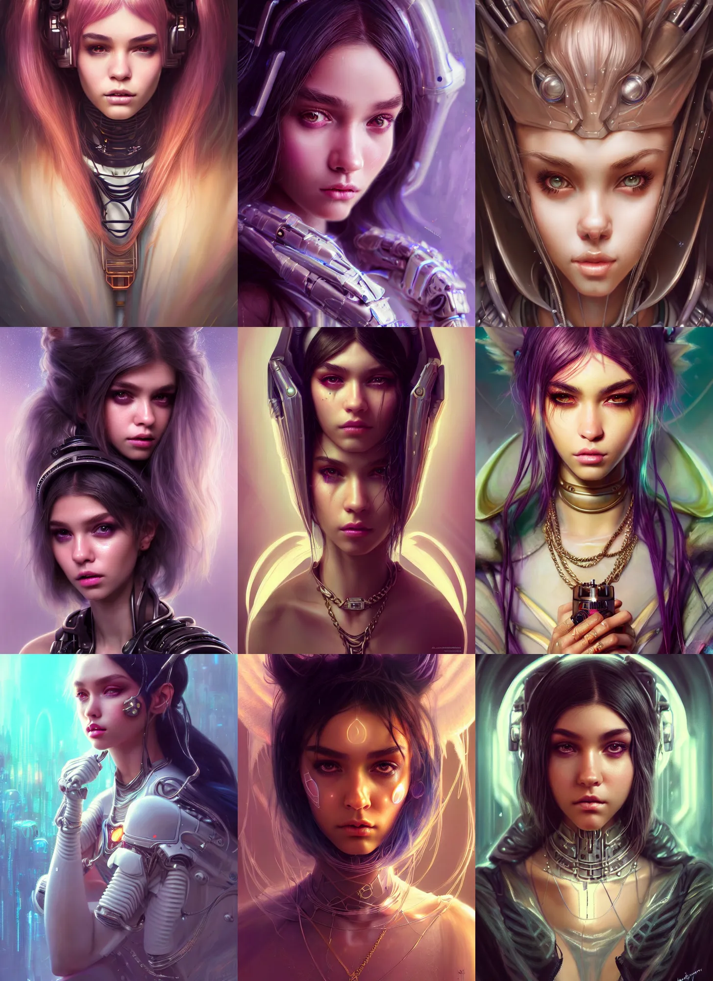 Prompt: disney weta portrait, soft lustrous beautiful biotech raver white emo angelcore madison beer cyborg, rap bling, hi - fructose, sci - fi fantasy cyberpunk intricate decadent highly - detailed digital painting, octane render, artstation, concept art, smooth, sharp focus, illustration, art by artgerm, mucha, loish, wlop