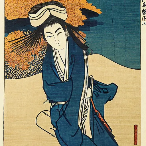 Image similar to Kurdish shephard, woodblock print by the Japanese ukiyo-e artist Hokusai, incredibly detailed, award winning art