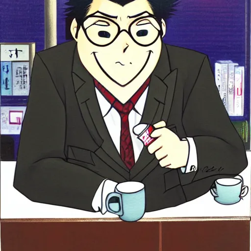 Prompt: anime painting of a moose in a suit and tie sipping coffee from a mug by miyazaki, anime