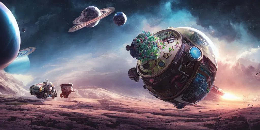 Image similar to An epic fantastic realism comic book style painting of the space planet environment with futuristic vehicles, exquisite bouquets from an future culture, fisheye, unreal 5, DAZ, hyperrealistic, octane render, dynamic lighting