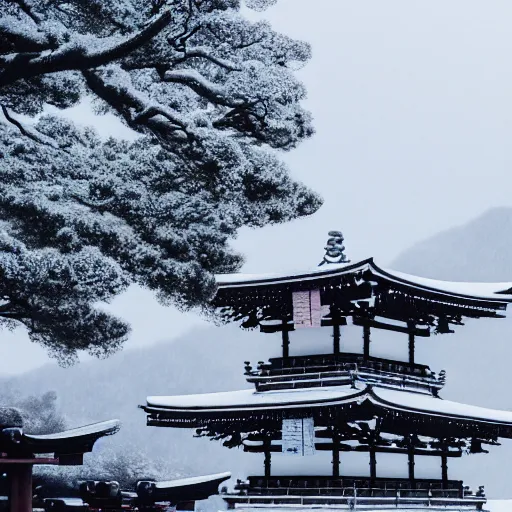 Image similar to a monolithic japanese temple on a snowcapped mountain. snowing, grainy, overcast sky.