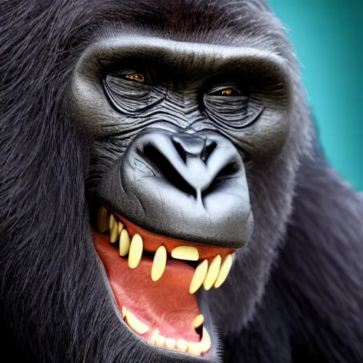 Image similar to amazing portrait of smile gorilla, 1 0 0 mm, natural lighting, hyper realistic