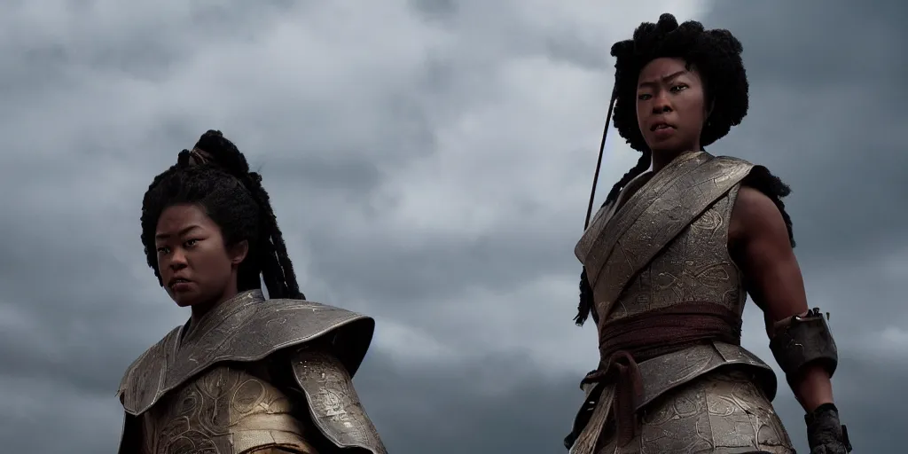 Image similar to a film still of a black woman starring in a japanese blockbuster film as ancient samurai, levitating mid air, intense, shallow depth of field, cinematic, award winning cgi, vfx, film still