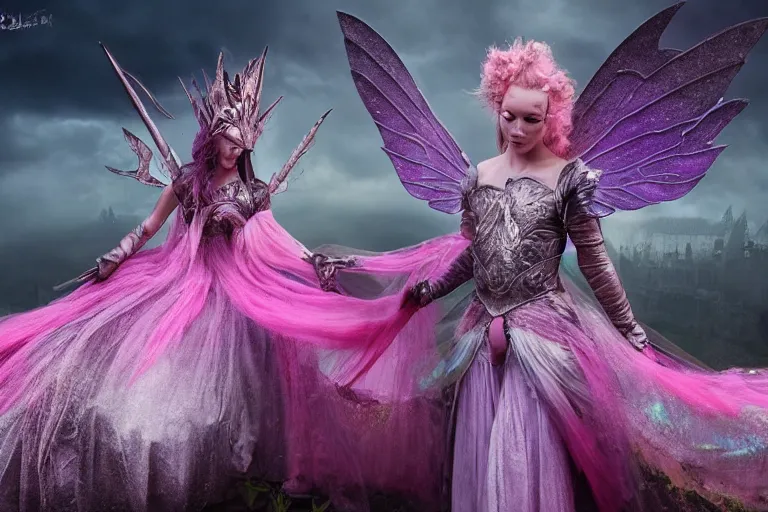 Prompt: pink iridescent battle armor on a fairy by eiko ishioka, 8K, detailed, HD, fairytale, dark tones, horror film, scary, matte painting, fantasy, full of colors, CGSociety, matte painting, realistic materials, photo-realistic, postprocessing, realistic, cinematic style, 35mm