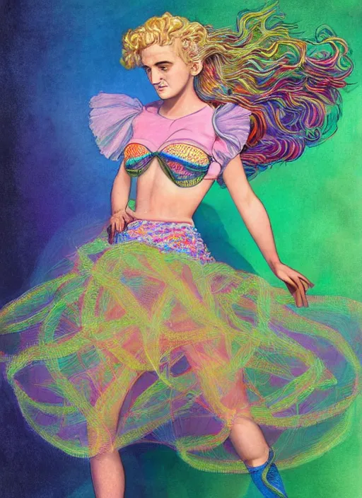 Image similar to surrealism psychedelic full body portrait sketch of julia garner as delirium of the endless in fishnet top and rainbow tutu skirt from the sandman, floating goldfish, green and blue eye heterochromia by alex ross, josh kirby, detailed, elegant, intricate