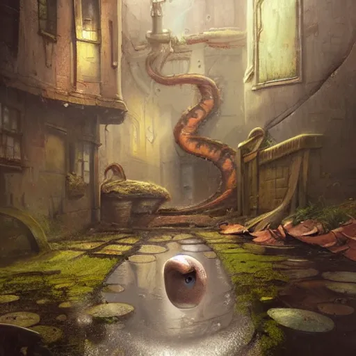 Image similar to anthropomorphic puddle with an angry sneer lurking in a damp alleyway , concept art, painting by Justin Gerard