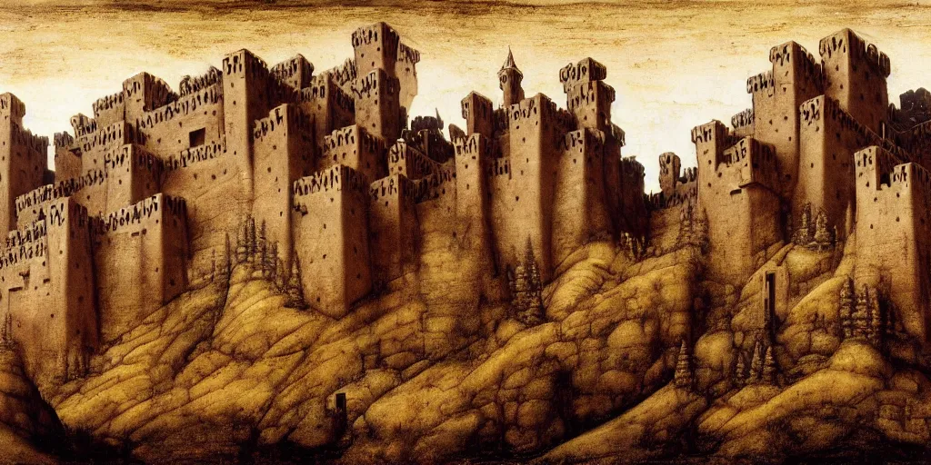 Prompt: matte oil painting of a dwarven fortress at the edge of a mountain range, by leonardo da vinci, mountainhomes, hillocks, smelters, forges, mounds, dwarven citizens, capital site, chiseled architecture, ornate, extremely detailed, sharp focus