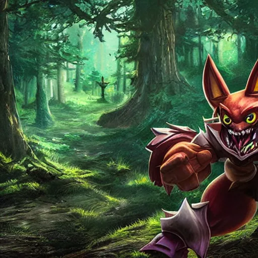Prompt: Warwick from league of legends in a dark forest