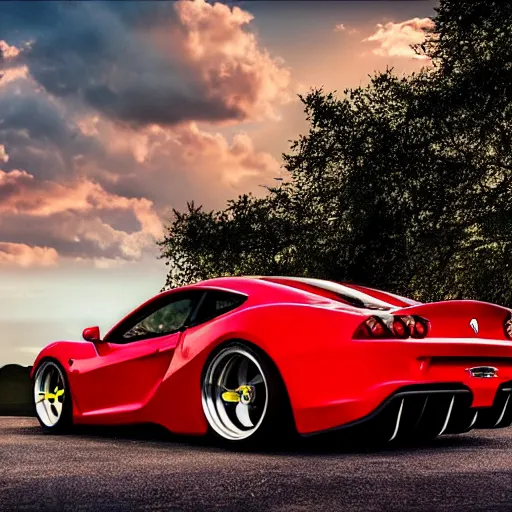 Prompt: cinematic fast sportscar reminiscent of ferrari and porsche in a lush field, shiny, red, beautiful lighting, photorealistic, sharp, sunset, by scott robertson