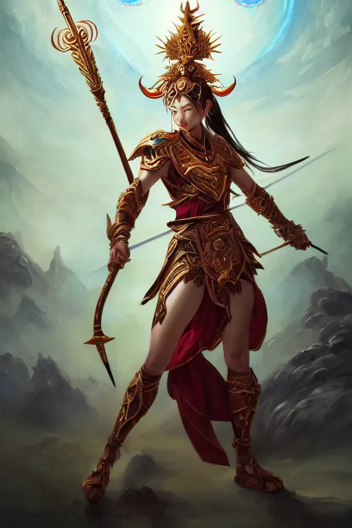 Image similar to a masterpiece portrait of nezha, legendary god holding spear, hero action pose, fantasy character portrait, hyper detailed, digital painting, 8 k realistic, trending on artstation, sharp focus, dof, by fenghua zhong, artgerm, ne zha from smite, tsuyoshi nagano, phonenix in background