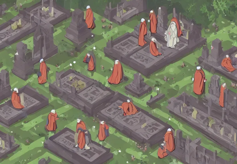 Image similar to possums dressed like monks at a medieval cemetery in the middle of the forest at night, isometric, digital art