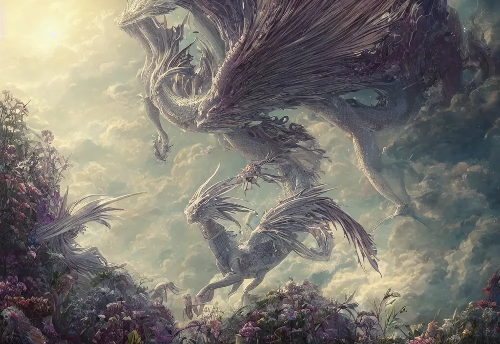 Prompt: the beautiful hyper detailed scene render that a lonely single beautiful girl lies in the arms of a huge silver dragon alone in the fairyland surrounded by white clouds, in the style of makoto shinkai victo ngai and peter mohrbacher studio ghibli artgerm karol bak beeple, cinematic, absolutely beautiful, ultra wide angle, animation style, 8 k hd
