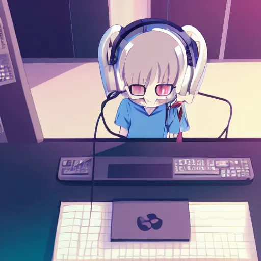 Prompt: anime girl, short white hair, blue eyes, wearing cat ear headphones, sitting at desk at keyboard, programming, pixiv, anime