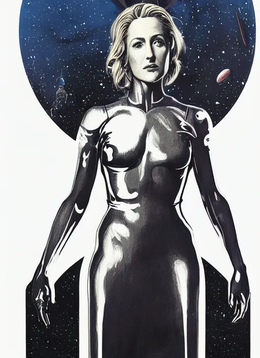 Image similar to gillian anderson as a space wizard, science fiction, high details, intricate details, by vincent di fate, artgerm julie bell beeple, 1 9 8 0 s, inking, vintage 8 0 s print, screen print