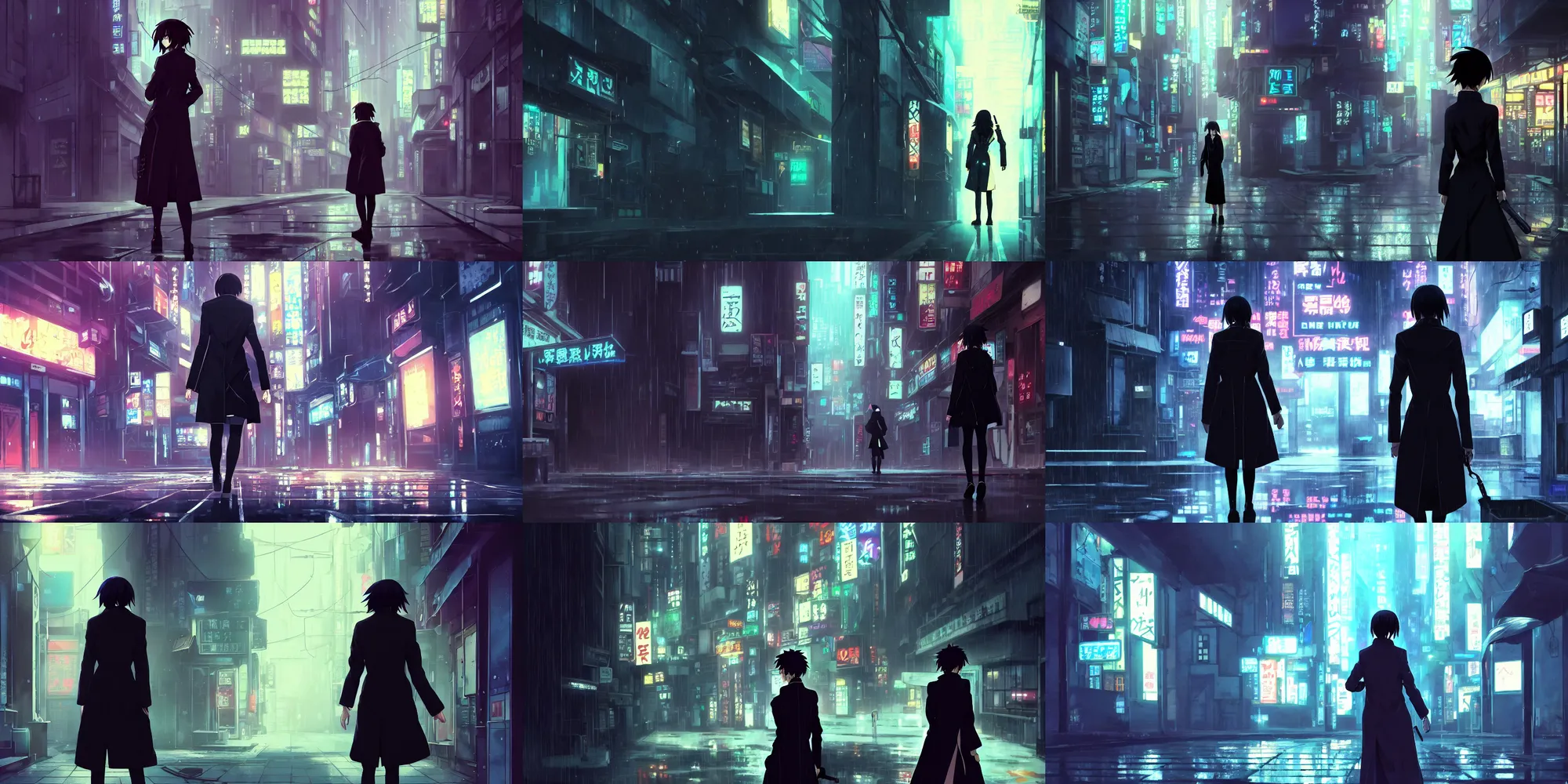 Prompt: a high definition screenshot from the detective noir noir ( cyberpunk ) anime anime film ; a cinematic shot of a alone alone alone alone lonely alone female detective in a trenchcoat investigating a dark dark alleyway, digital painting by ( ( makoto shinkai ) ), martin ansin, trending on artstation