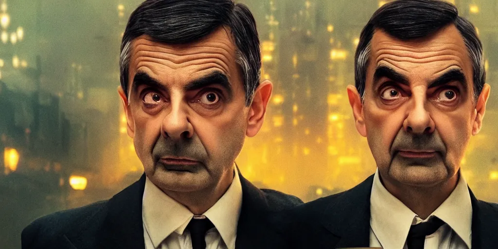 Prompt: mr bean in bladerunner 2 0 4 9 cinematic, movie lighting, vibrant colors