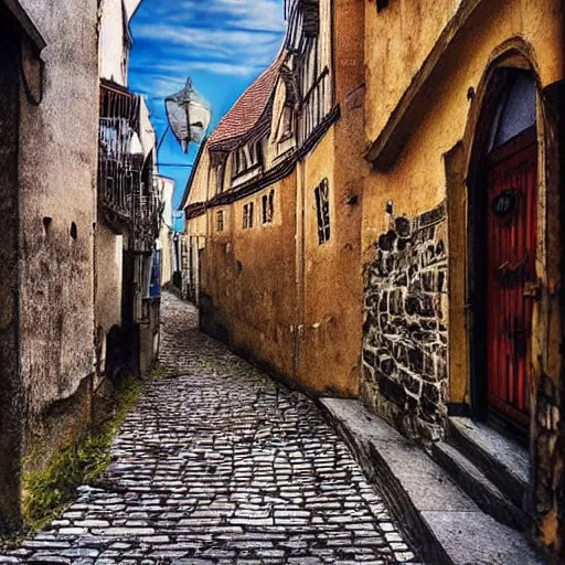 Prompt: a medieval street with old crooked buildings with subtle hints of color, painted by alexander jansson
