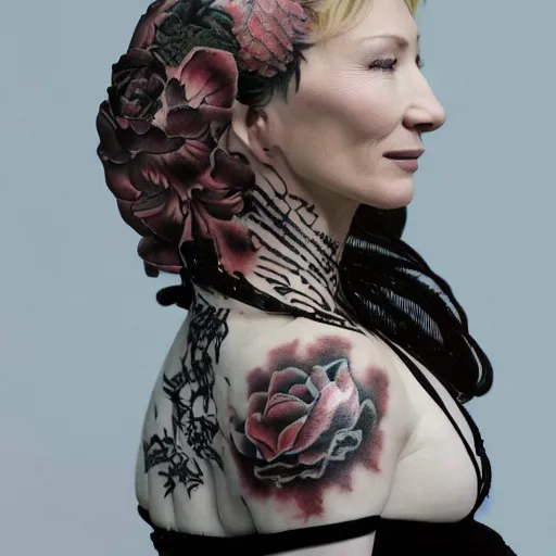 Image similar to high resolution image of cate blanchett with full body japanese tattoo , highly detailed, photorealistic, 4k