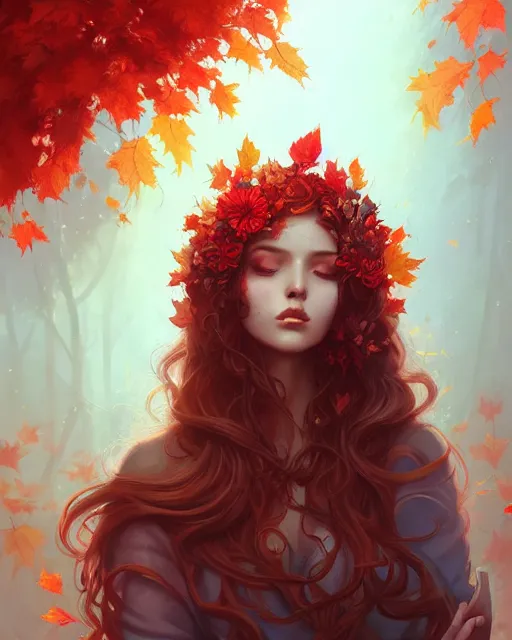 Prompt: beautiful autumn priestess with curly red - hair, flurry of leaves and flowers, warm aura, artgerm, peter mohrbacher, alena aenami, artstation