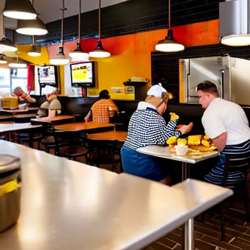 Image similar to busy wafflehouse interior with customers eating breakfast and wafflehouse employees serving food and cooking behind countertop