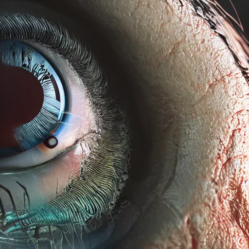 Image similar to bugs crawling out of ultrarealistic human eye, close up,, ultra realistic, horror, hyper detailed, sharp focus, ray tracing, terrifying, horrifying, octane render