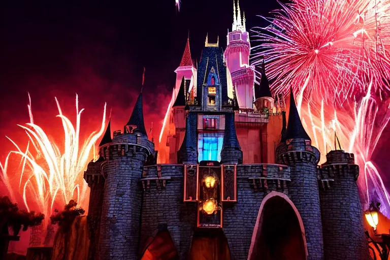 Image similar to Dracula\'s Castle inside Disney World at night, sky with fabulous fireworks, Gothic, ultra realistic, dramatic light, 4k