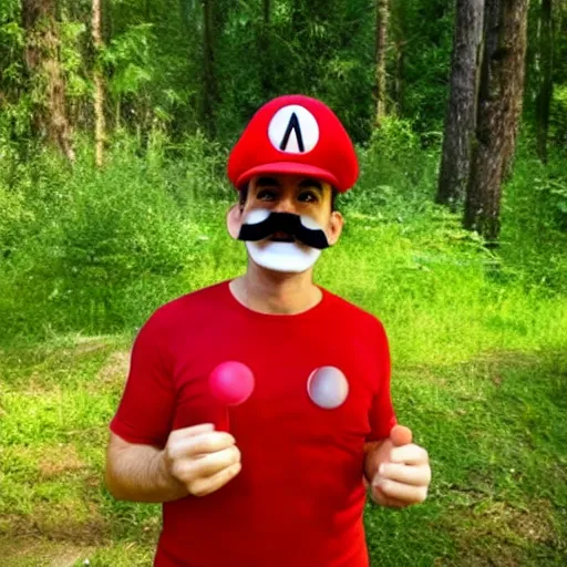 Prompt: italian man with a mustache dressed as mario wearing a solid red mario hat drooling, eyes rolled back, looking at red mushroom with white spots, in a forest