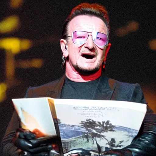 Prompt: bono is burning copies of his autobiography