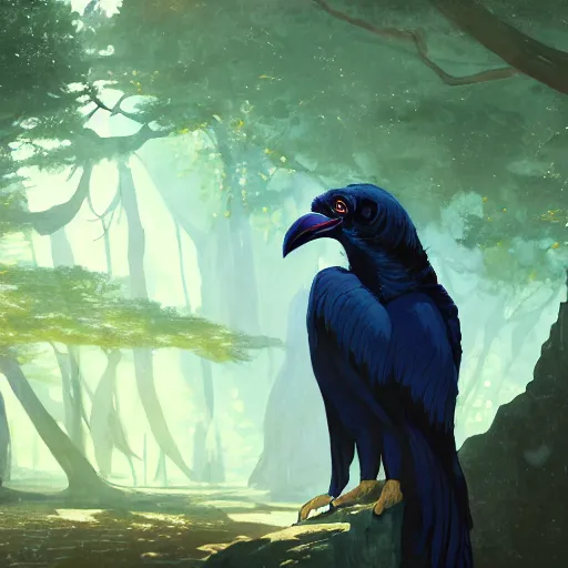 Image similar to concept art painting of an anthropomorphic albino raven wearing dark blue robes, in the deep forest, realistic, detailed, cel shaded, in the style of makoto shinkai and greg rutkowski and james gurney