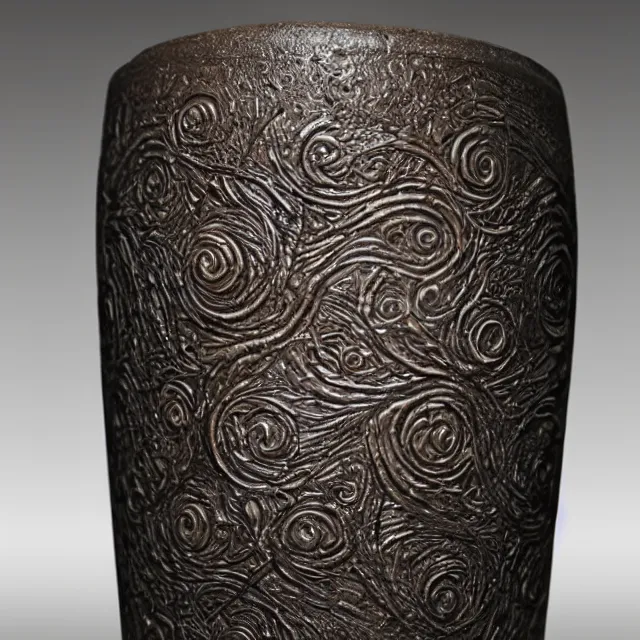 Image similar to a full realistic photo of a tall and thin cylindrical clay dead sea scroll jar, dark, brooding, volume lighting, atmospheric lighting, painted, intricate, ultra detailed by leesha hannigan, thierry doizon, kai carpenter, well composed, best on artstation, cgsociety, epic, stunning, gorgeous, intricate detail, wow, masterpiece