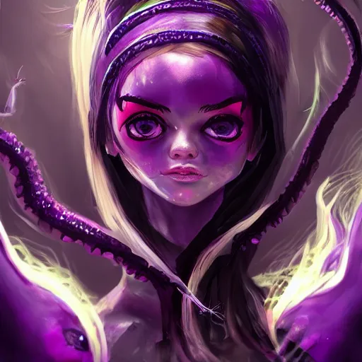 Prompt: artstation young teen with purple eyes and purple tentacles on her head, in fury, very detailed, in glass town, portrait, high contrast