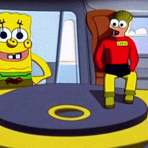 Prompt: spongebob squarepants playing captain kirk on the bridge of the starship enterprise