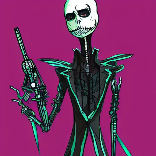 Image similar to cyberpunk jack skellington as the leader of a futuristic communist nation, cybernetics, sharp lines, digital, artstation, colored in