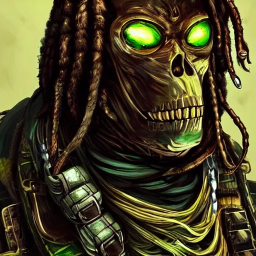 Image similar to a golden skull face monkey warrior with dreadlocks and emeralds in his forehead, Apex Legends character digital illustration portrait design, by android jones, detailed, cinematic lighting, wide angle action dynamic portrait