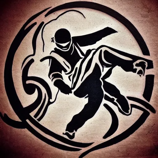 Image similar to tattoo design, stencil, a ninja jumping in the air with a sword