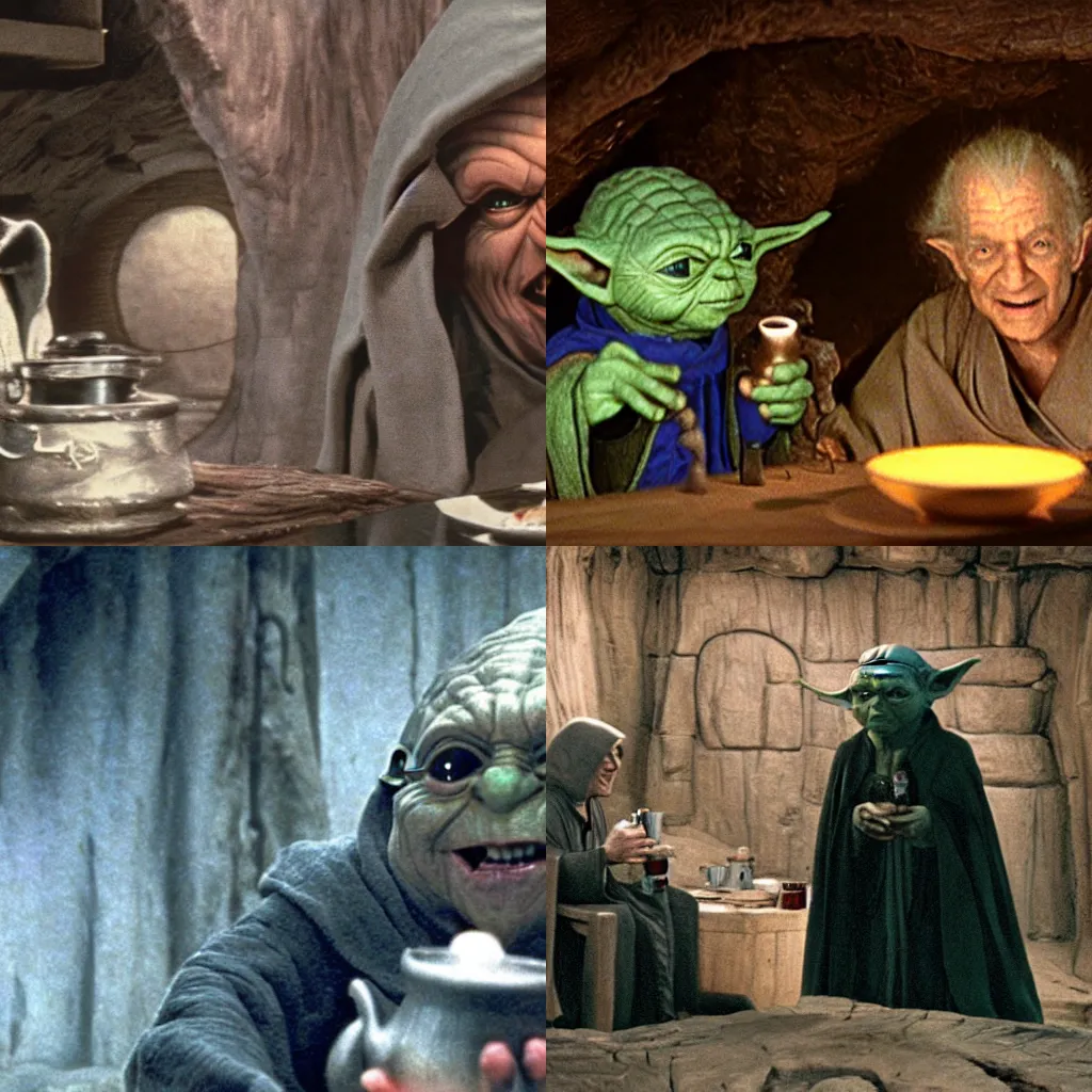 Prompt: Film still of hooded Emperor Palpatine smiling and having tea with Yoda in his hut on Dagobah