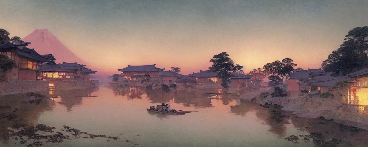 Prompt: a beautiful painting of an ancient japanese town nearby a small river in the evening by alfons maria mucha and ivan aivazovsky, ultra detailed, volumetric lighting, pink vibe