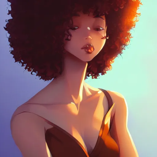 Image similar to a beautiful woman with afro hair african american skin , dark brown hair and tan skin, dark brown eyes, city landscape, 4k, anime key visual, lois van baarle, ilya kuvshinov, rossdraws, artstation