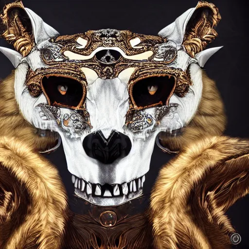 Image similar to photo portrait portrait of femine puma with skull pendant, wolf skull pedant, golden fur, symmetric, intricate skeletal decorations on ornate silks, symmetry, highly detailed, concept art, ornaments, black, red, white, gold layers, super moon, style of nekroxiii, hyperrealistic