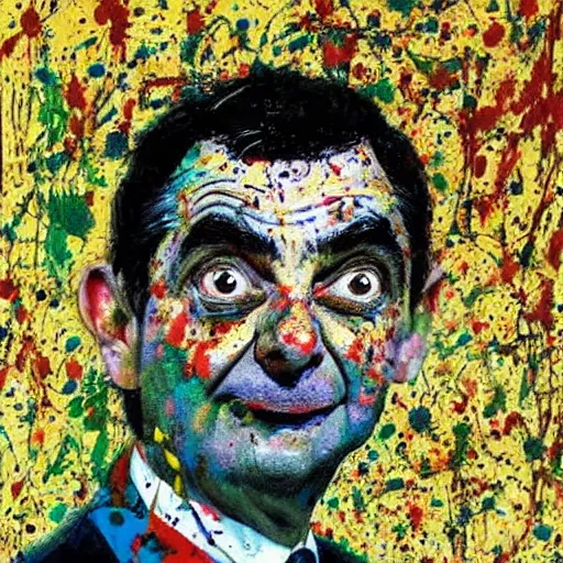 Prompt: a portrait of mr bean, painted by jackson pollock
